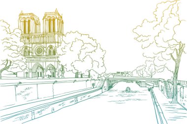 Paris 'in, Notre Dame de Paris' in ve Seine nehrinin güzel manzarası. Paris, Fransa. El çizimi eskiz. Çizgi çalışması. Mürekkep çizimi. Beyazın renkli vektör arkaplanı. Resimler ve romantik kartpostallar için.