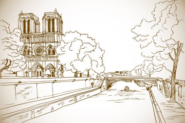 Paris 'in, Notre Dame de Paris' in ve Seine nehrinin güzel manzarası. Paris, Fransa. El çizimi eskiz. Çizgi çalışması. Mürekkep çizimi. Beyazın Sepia vektör arka planı. Resim ve eski kartpostallar için.