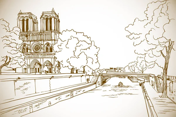 旧时的巴黎 巴黎圣母院和塞纳河的美丽景色 法国巴黎 手绘草图线条艺术 水墨画 白色上的Sepia矢量背景 图解和老式明信片 — 图库矢量图片