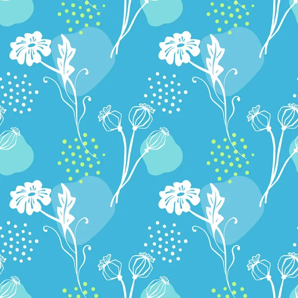 白色的罂粟花和罂粟种子头无缝图案 手绘草图线条艺术 色彩斑斓的抽象背景 — 图库照片