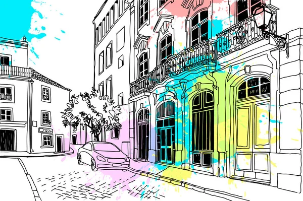 手描きのスケッチスタイルで都会の背景 ロマンチックなアルファマ リスボン ポルトガルの古い通り 水墨画 ベクトルイラスト Blob水彩画背景 — ストックベクタ