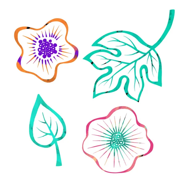 Színes Készlet Virágok Levelek Kézzel Rajzolt Vázlat Stílusban Vonalművészet Tintarajzolás — Stock Vector