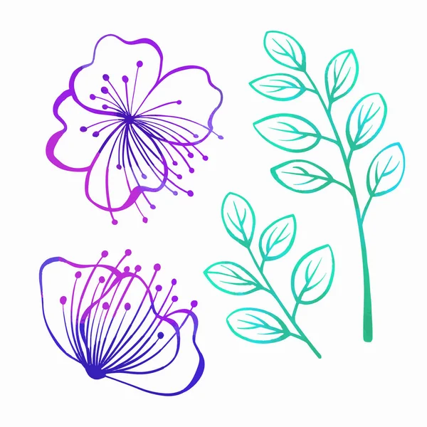 Colorful Set Flowers Leaves Hand Drawn Sketch Style Line Art — Stock Vector