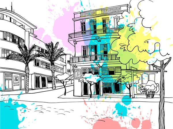 Bella Città Bianca Tel Aviv Romantico Paesaggio Urbano Stile Bauhaus — Vettoriale Stock