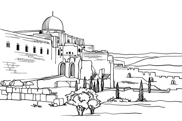 老耶路撒冷古城的圆顶和城墙的美丽景色 手绘草图城市素描线条艺术 水墨画 黑白矢量图解 明信片的风格 没有人 — 图库矢量图片