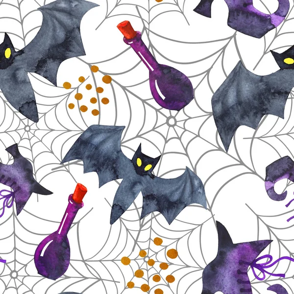 Funny Halloween seamless pattern with halloween elements watercolor. Hand drawn style watercolour.