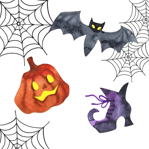 Halloween Design Akvarell Med Pumpa Häxa Skor Och Bat Spindelväv — Stockfoto