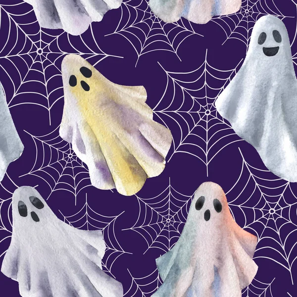 Cadılar Bayramı 'nda cadılar bayramı unsurları suluboya ile kusursuz komik bir desen. El çizimi suluboya. 