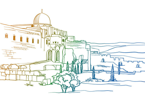 Красивый вид на купола и стены древнего города. Старый Иерусалим. Израиль. Ручной рисунок. Городской скетч. Линейное искусство. Чернильный рисунок. Красочная векторная иллюстрация. В стиле открыток. Без людей.