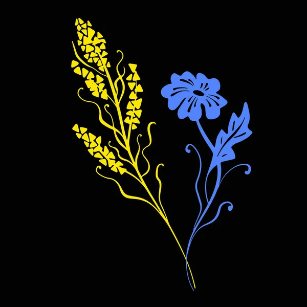 以花卉和干草为设计元素的花卉套件 手绘草图风格 线条艺术 水墨画 黑色的植物学图解孤立无援黄色和蓝色矢量背景 — 图库矢量图片