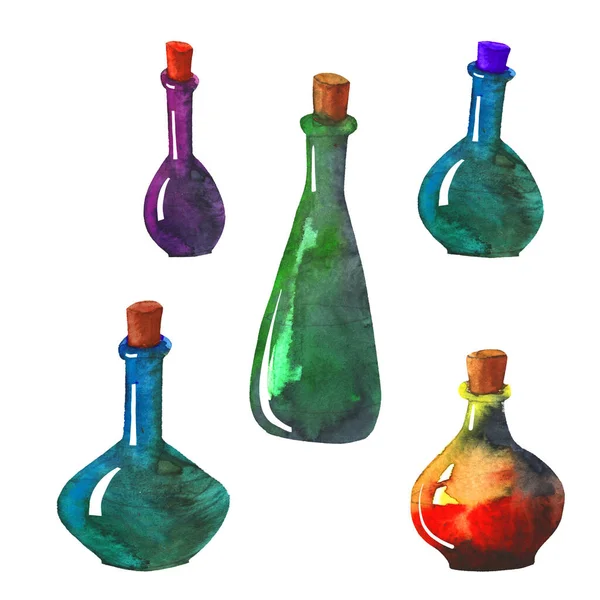 Halloween set with magic witch potion bottles. Hand drawn style watercolour. Isolated on white.