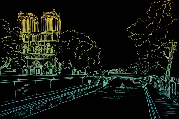 Paris 'in, Notre Dame de Paris' in ve Seine nehrinin güzel manzarası. Paris, Fransa. El çizimi eskiz. Çizgi çalışması. Mürekkep çizimi. Siyah üzerine renkli vektör arkaplanı. 