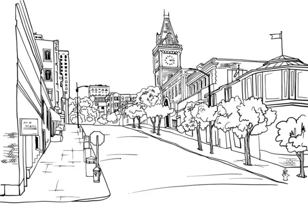 Old City Street Hand Drawn Line Sketch Style Urban Romantic — 스톡 벡터
