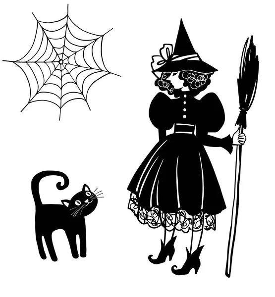 Halloween Night Witch Black Cat Hand Drawn Sketch Style Costume — 스톡 벡터