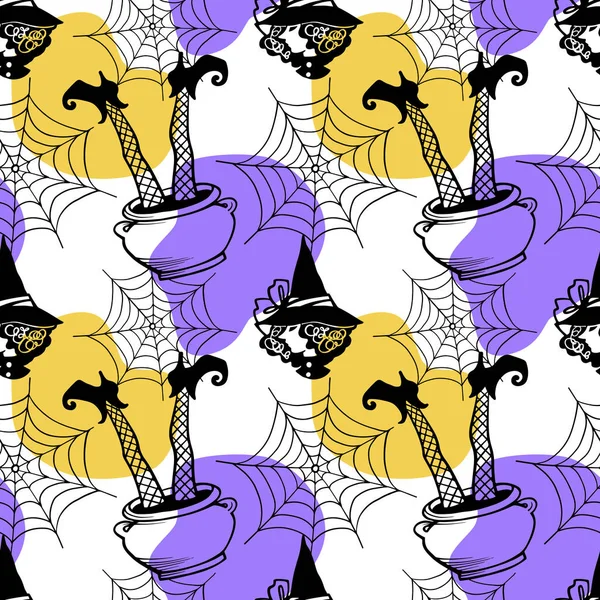Απόκριες Μάγισσα Και Αράχνη Web Αδιάλειπτη Μοτίβο Χειροποίητο Σκίτσο Γραμμή — Φωτογραφία Αρχείου