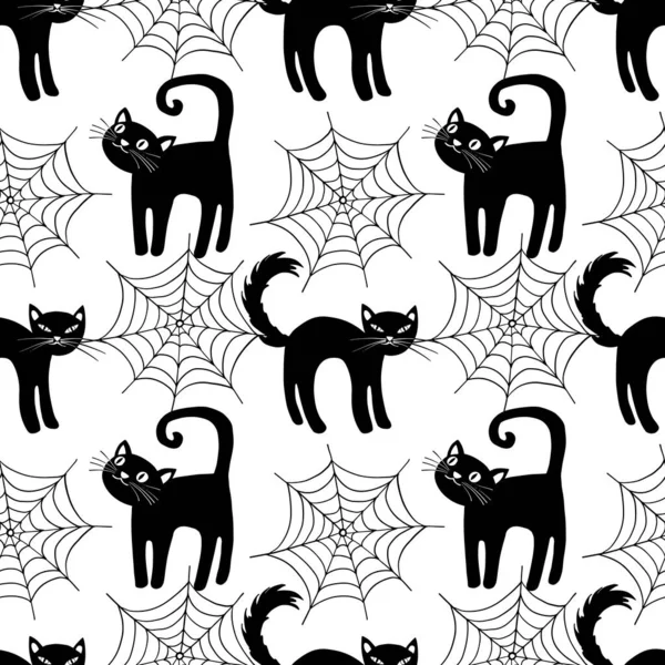 Cute Halloween black cat with spider web seamless pattern. Hand drawn sketch style. Halloween night background.