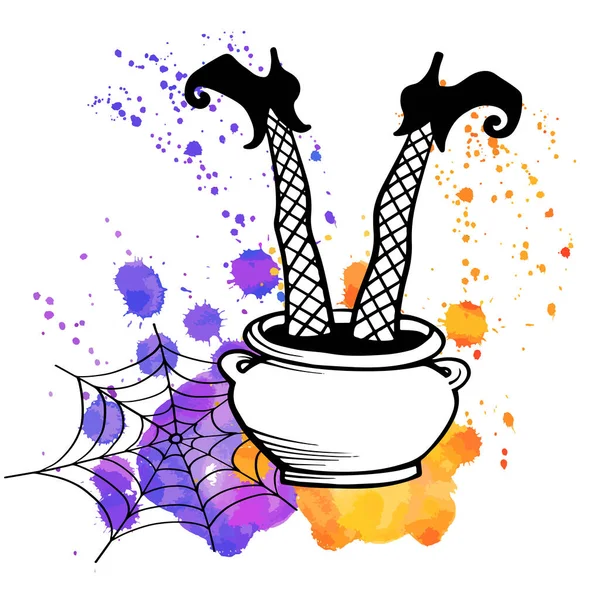 Pieds Sorcière Halloween Dans Chaudron Toile Araignée Style Esquisse Dessiné — Image vectorielle