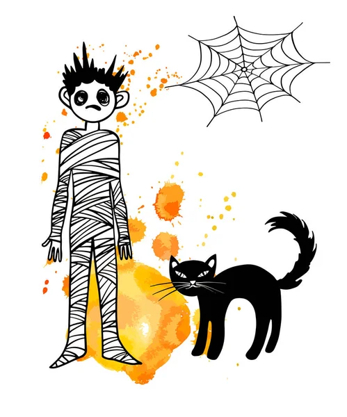 Halloween Mumienmonster Und Schwarze Katze Mit Spinnennetz Handgezeichneter Skizzenstil Tuschezeichnung — Stockvektor