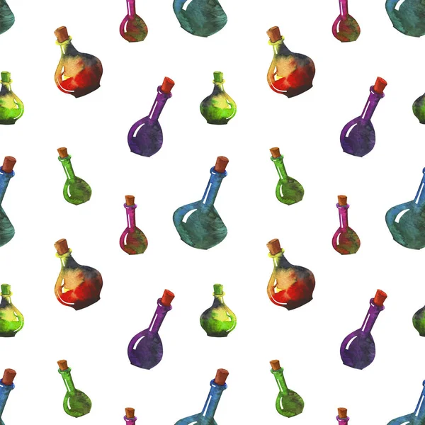 Halloween Seamless Pattern Magic Witch Potion Bottles Spider Web Hand — 스톡 사진