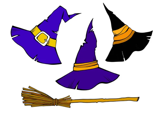 Halloween Set Old Magic Witch Hats Witch Broom Hand Drawing — Vetor de Stock