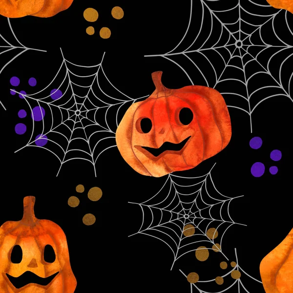 Halloween seamless pattern with pumpkins on spider web background. Hand drawn style watercolor. Halloween illustration on black.