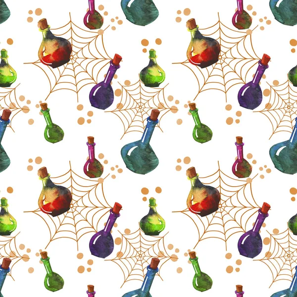 Halloween seamless pattern with magic potion bottles on spider web background. Hand drawn style watercolor. Halloween illustration on white.