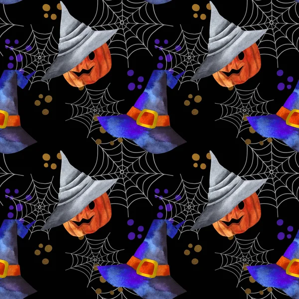クモの巣の背景にカボチャとハロウィーンのシームレスなパターン 手描きの水彩画 黒のハロウィンイラスト — ストック写真
