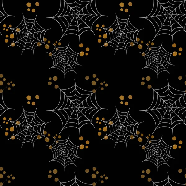 Halloween Seamless Pattern Spider Web Gold Blobs Hand Drawn Style — Foto Stock