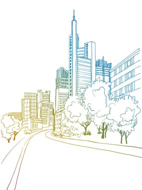 Colorful Urban line sketch with landscape of the old European city. Germany. Frankfurt am Main. Old street in hand drawn style on white background