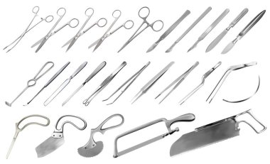 Cerrahi aletler ayarlandı. Cımbız, neşter, alçı ve kemik testeresi, beyin, ampütasyon ve alçı bıçaklar, pens ve kıskaçlar, kanca, iğne. Büyük bir metal alet koleksiyonu. Vektör illüstrasyonu