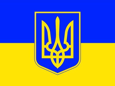 Ukrayna sembolleri. Ukrayna bayrağının arka planında Ukrayna arması. Vektör illüstrasyonu