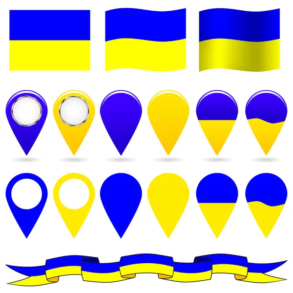 Ucrania. Set de banderas y punteros ucranianos en colores nacionales. Objetos aislados sobre fondo blanco. Ilustración vectorial. — Vector de stock