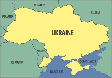 Ukrayna. Avrupa 'nın Ukrayna eyaletinin, Karadeniz ve Azov denizlerinin sularını ve komşu ülkelerin bazı bölgelerini kapladığı bir harita şeklinde hayal edin. Vektör illüstrasyonu.