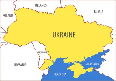 Ukrayna. Ukrayna topraklarının haritasında sınır eyaletleri ve güney sınırlarını yıkayan denizlerin görüntüsü var. Düz grafik vektör illüstrasyonu.