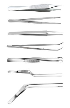 Cımbız seti. Uzun tırtıklı cımbız, anatomik forseps, dişçi düz kıskaçları, kavisli cımbız, süngü iğnesi, tümör kavrayıcı pens, mikro cerrahi cımbız. Vektör