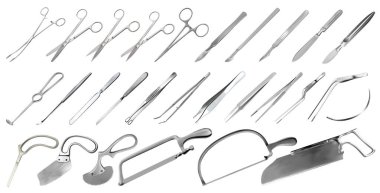 Cerrahi aletler ayarlandı. Cımbız, neşter, alçı ve kemik testeresi, ampütasyon ve alçı bıçaklar, mikro forseps ve kıskaçlar, kanca, iğne. Büyük bir metal alet koleksiyonu. Vektör