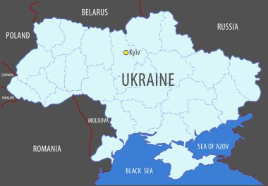 Ukraine. Map of the territory of the Ukrainian state with the designation of its state borders and the boundaries of its internal administrative regional division.