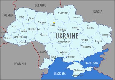 Ukrayna. Ukrayna devletinin bölge haritası, başkent ve bölge merkezlerini göstererek komşu ülkeler ve denizleri göstermektedir. Vektör illüstrasyonu.