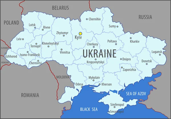Ukraine. Map of the territory of the Ukrainian state divided into regions, indicating the capital and regional centers, depicting neighboring countries and seas. Vector illustration. — стоковий вектор