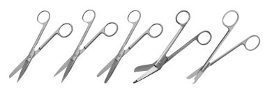Set of surgical articulated scissors with various blade shapes and different purposes. Vector illustrations