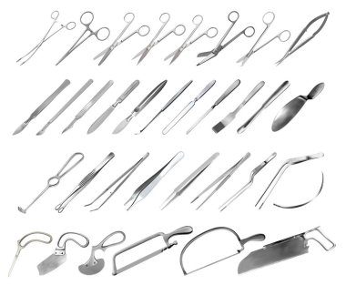 Set of surgical instruments. Tweezers, scalpels, saws, amputation knives, microsurgical forceps and clamps, abdominal spatulas, hook, needle. Scissors of different shapes and purposes. Vector