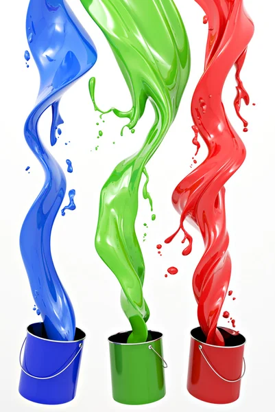 Pouring paints of CMYK colors from its buckets — Stock Photo, Image
