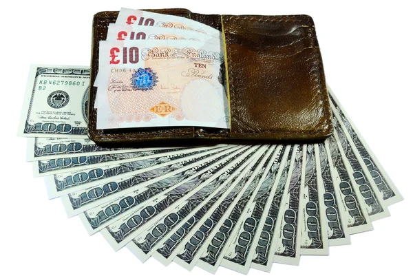 Banknot üzerinde beyaz izole cüzdan — Stok fotoğraf