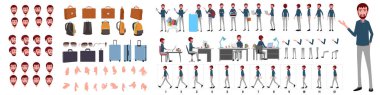 Business Man Character Design Model Sheet. Man Character design. Front, side, back view and explainer animation poses. Character set with lip sync expressions of Happy, angry, sad, Joy with Side walk cycle animation sequence sprite sheet clipart