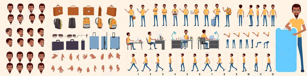 Business Man Character Design Model Sheet. Man Character design. Front, side, back view and explainer animation poses. Character set with lip sync expressions of Happy, angry, sad, Joy with Side walk cycle animation sequence sprite sheet