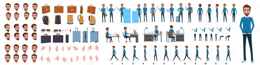 Business Man Character Design Model Sheet. Man Character design. Front, side, back view and explainer animation poses. Character set with lip sync expressions of Happy, angry, sad, Joy with Side walk cycle animation sequence sprite sheet