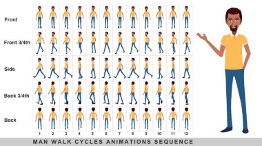 İş adamının yürüyen animasyonu, Karakter Yürüyüşü Animasyon Dizisi. Çerçeve karesi animasyon sayfası. Ön, yan, arka, ön üç, dördüncü ve arka üçün yürüyen dizileri..