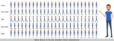 İş adamının yürüyen animasyonu, Karakter Yürüyüşü Animasyon Dizisi. Çerçeve karesi animasyon sayfası. Ön, yan, arka, ön üç, dördüncü ve arka üçün yürüyen dizileri..