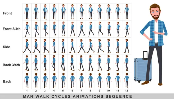 Walking animation of businessman, Character Walk Cycle Animation Sequence. Frame by frame animation sprite sheet. Man walking sequences of Front, side, back, front three fourth and back three fourth.