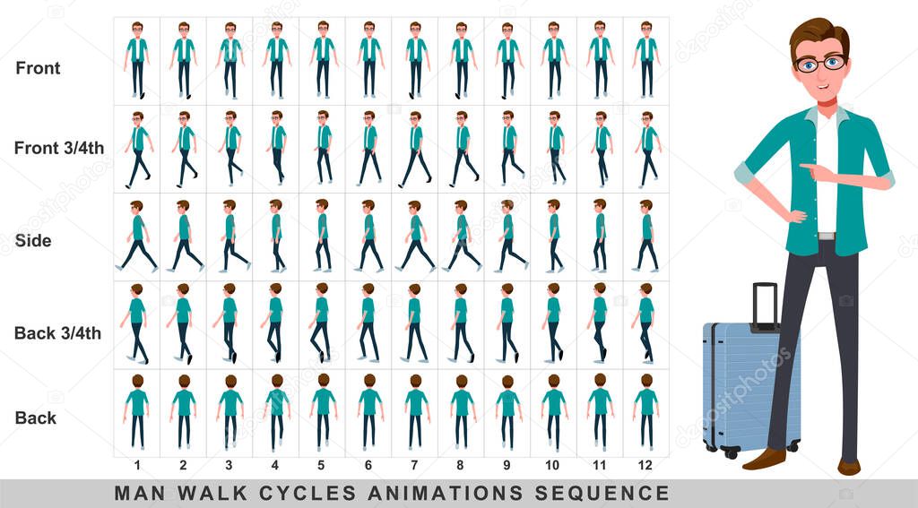 Walking animation of businessman, Character Walk Cycle Animation Sequence. Frame by frame animation sprite sheet. Man walking sequences of Front, side, back, front three fourth and back three fourth.